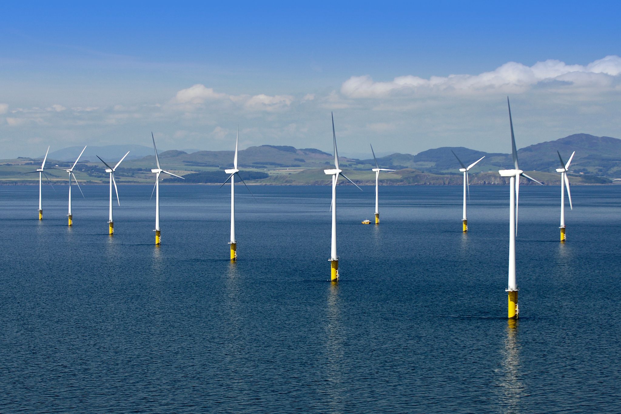 Aerial view of Robin Rigg wind farm on the Solway Firth